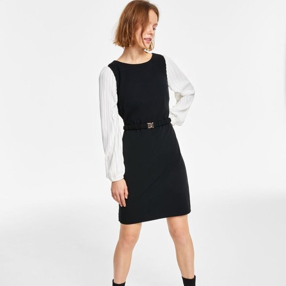 DKNY Pleated-Sleeve Round-Neck Belted Dress Black/Ivory Size 2 - Picture 1 of 4